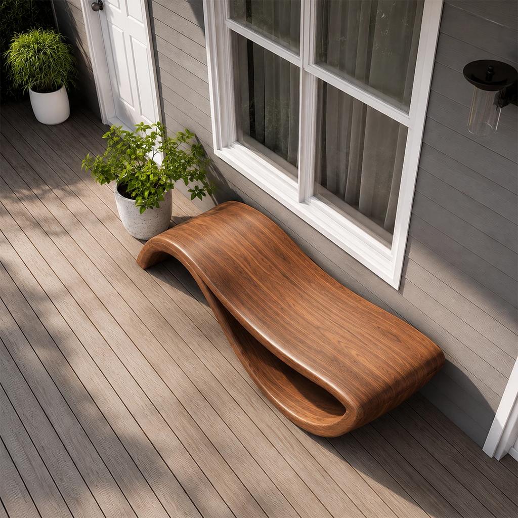 Sculptural Wave Wood Outdoor Chaise Lounge – Natural Wood Patio Lounge Chair