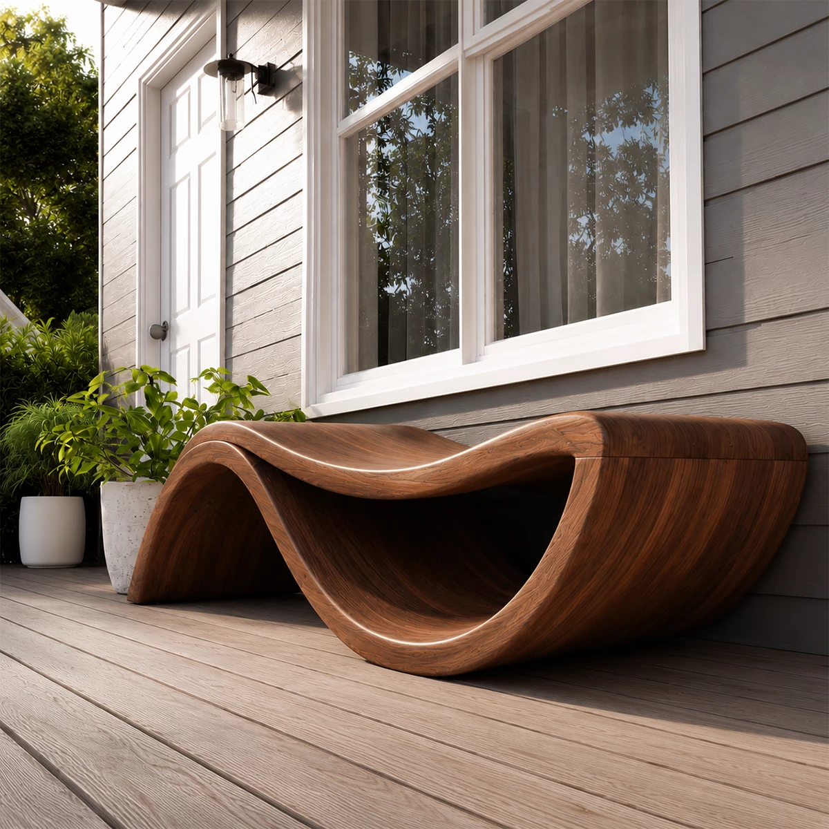 Sculptural Wave Wood Outdoor Chaise Lounge – Natural Wood Patio Lounge Chair