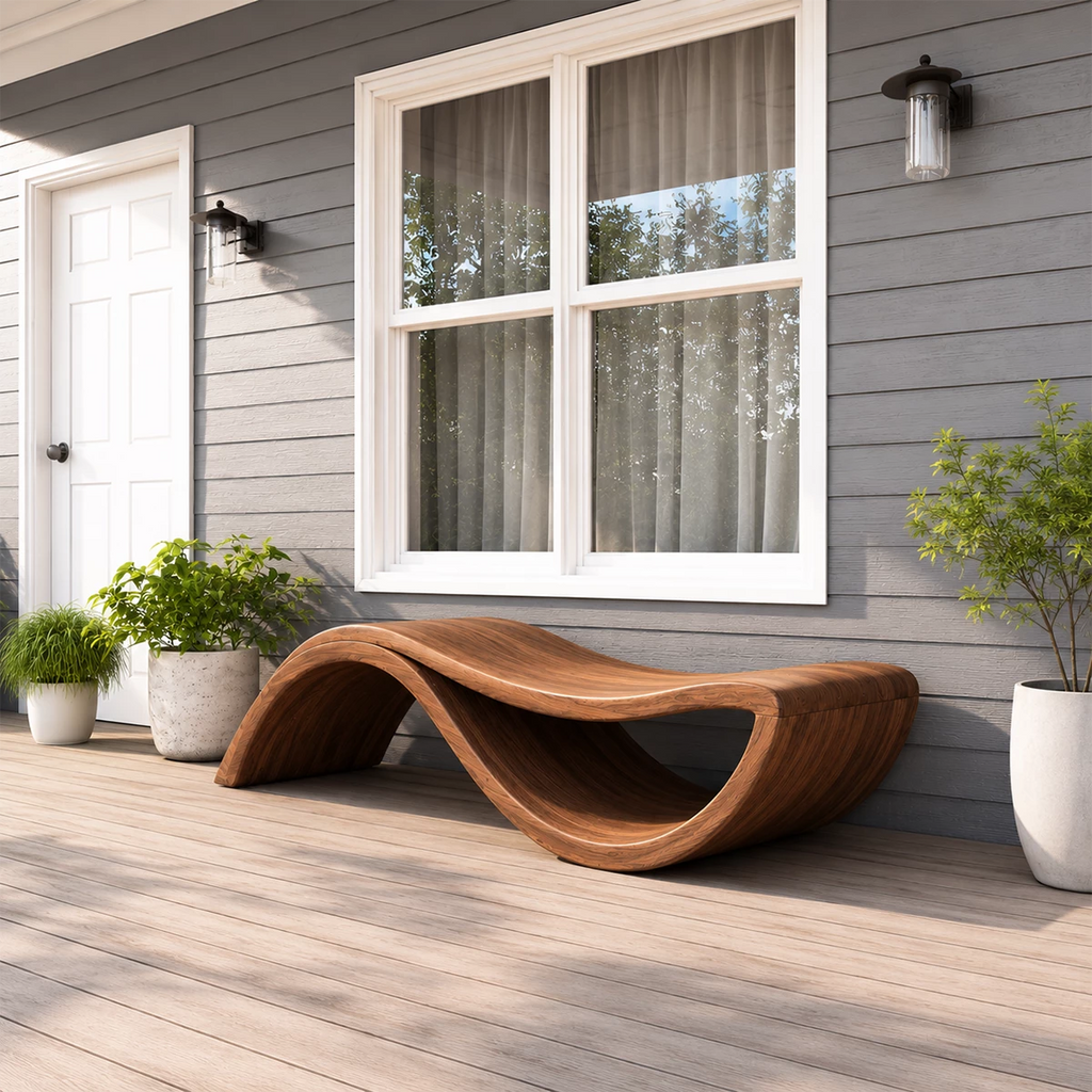 Sculptural Wave Wood Outdoor Chaise Lounge – Natural Wood Patio Lounge Chair