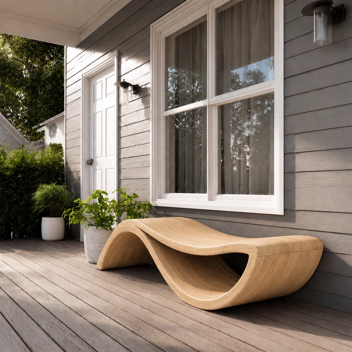 Sculptural Wave Wood Outdoor Chaise Lounge – Natural Wood Patio Lounge Chair