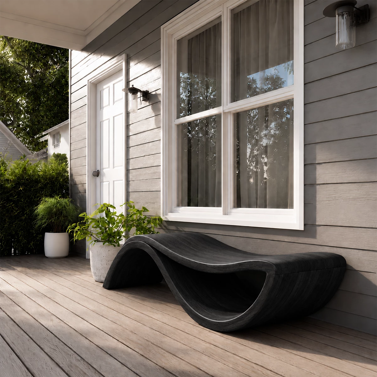Sculptural Wave Wood Outdoor Chaise Lounge – Natural Wood Patio Lounge Chair