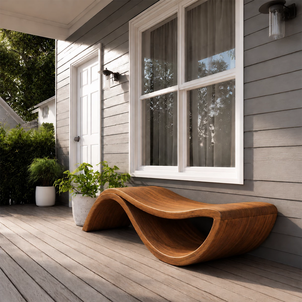 Sculptural Wave Wood Outdoor Chaise Lounge – Natural Wood Patio Lounge Chair
