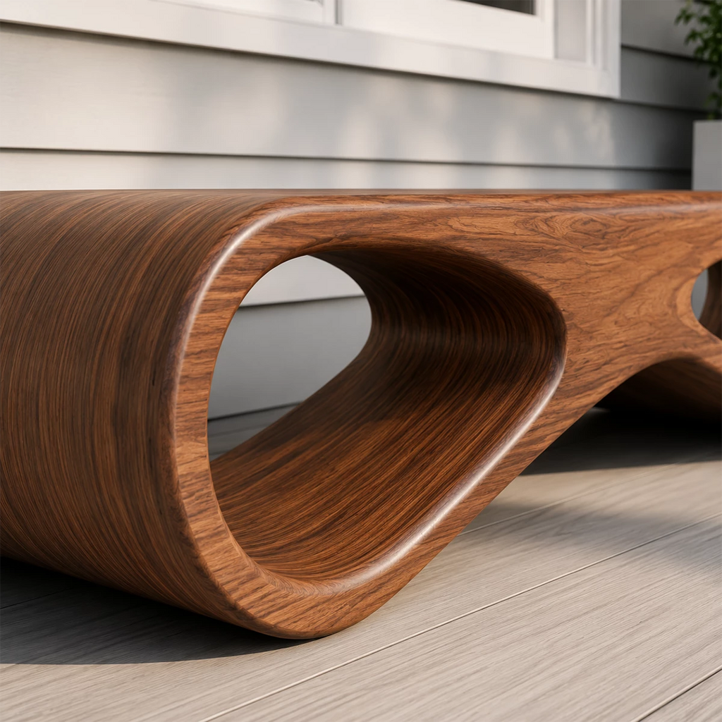 Sculptural Wave Wood Outdoor Bench – Natural Wood Patio Bench for Modern Exterior