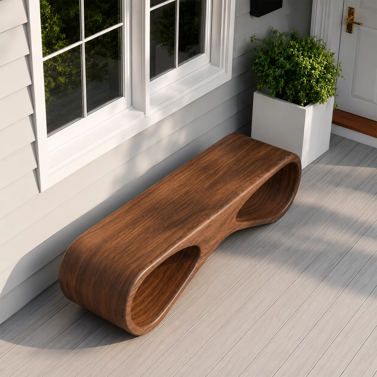Sculptural Wave Wood Outdoor Bench – Natural Wood Patio Bench for Modern Exterior