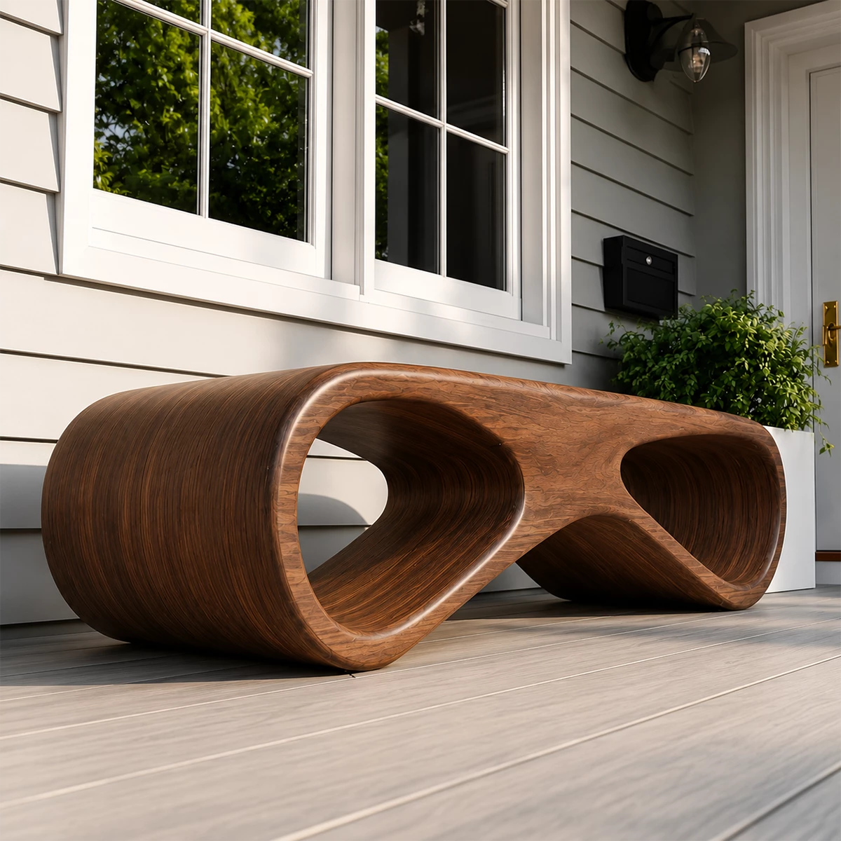 Sculptural Wave Wood Outdoor Bench – Natural Wood Patio Bench for Modern Exterior