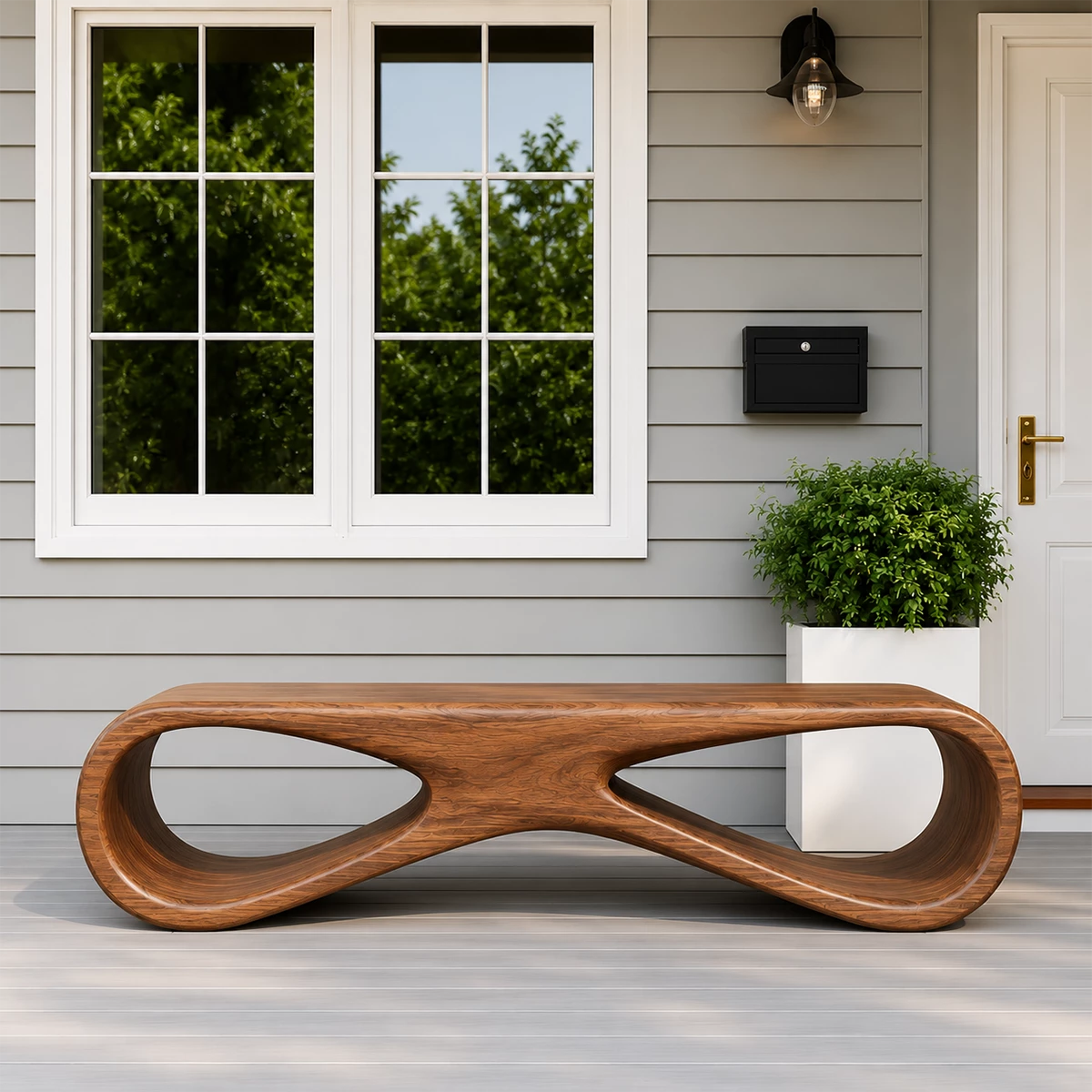 Sculptural Wave Wood Outdoor Bench – Natural Wood Patio Bench for Modern Exterior