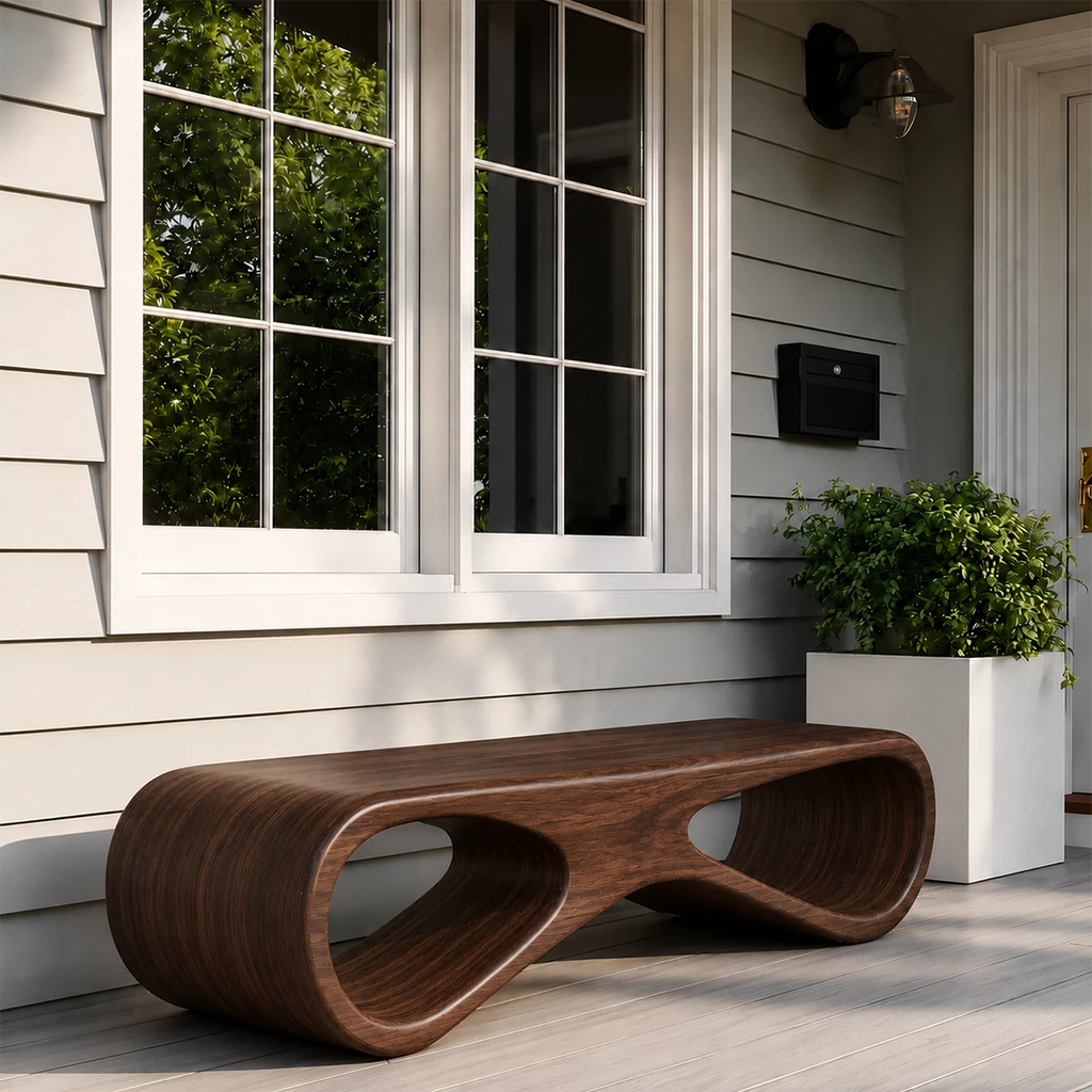 Sculptural Wave Wood Outdoor Bench – Natural Wood Patio Bench for Modern Exterior