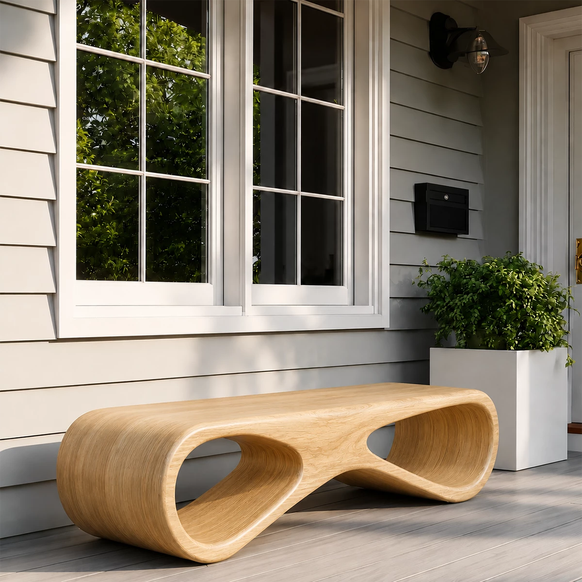 Sculptural Wave Wood Outdoor Bench – Natural Wood Patio Bench for Modern Exterior