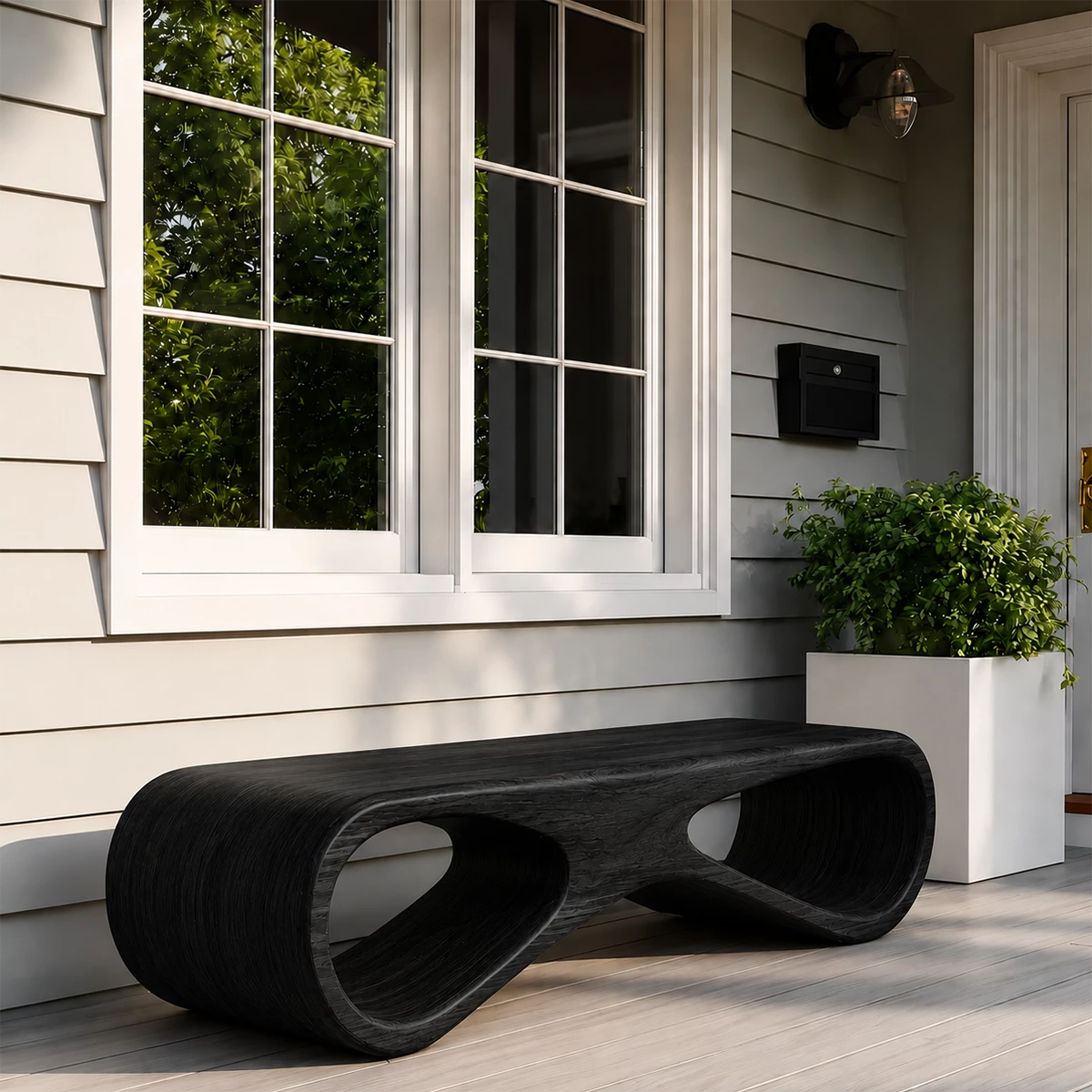 Sculptural Wave Wood Outdoor Bench – Natural Wood Patio Bench for Modern Exterior