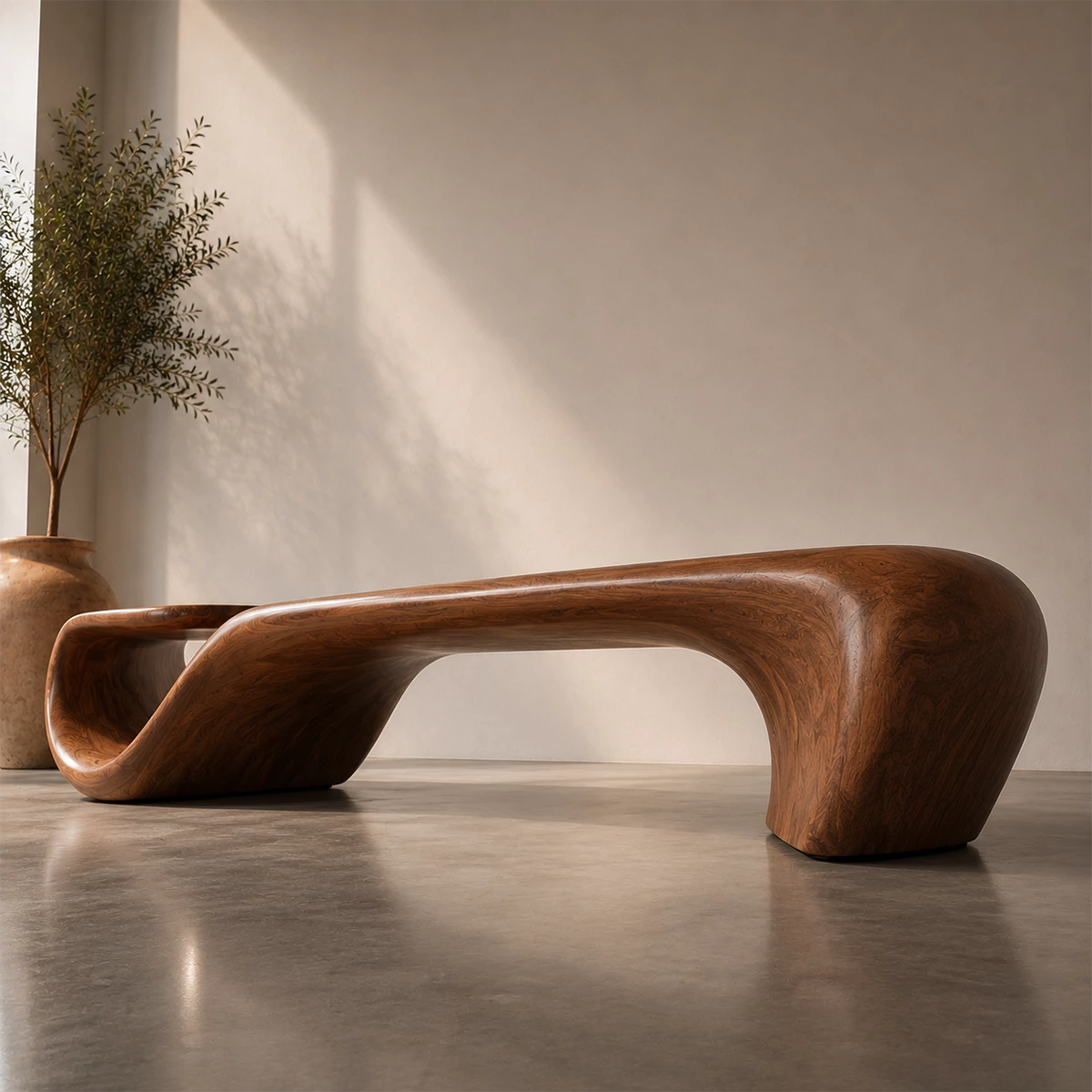 Organic Curved Wood Bench – Sculptural Natural Wood Bench for Modern Interior