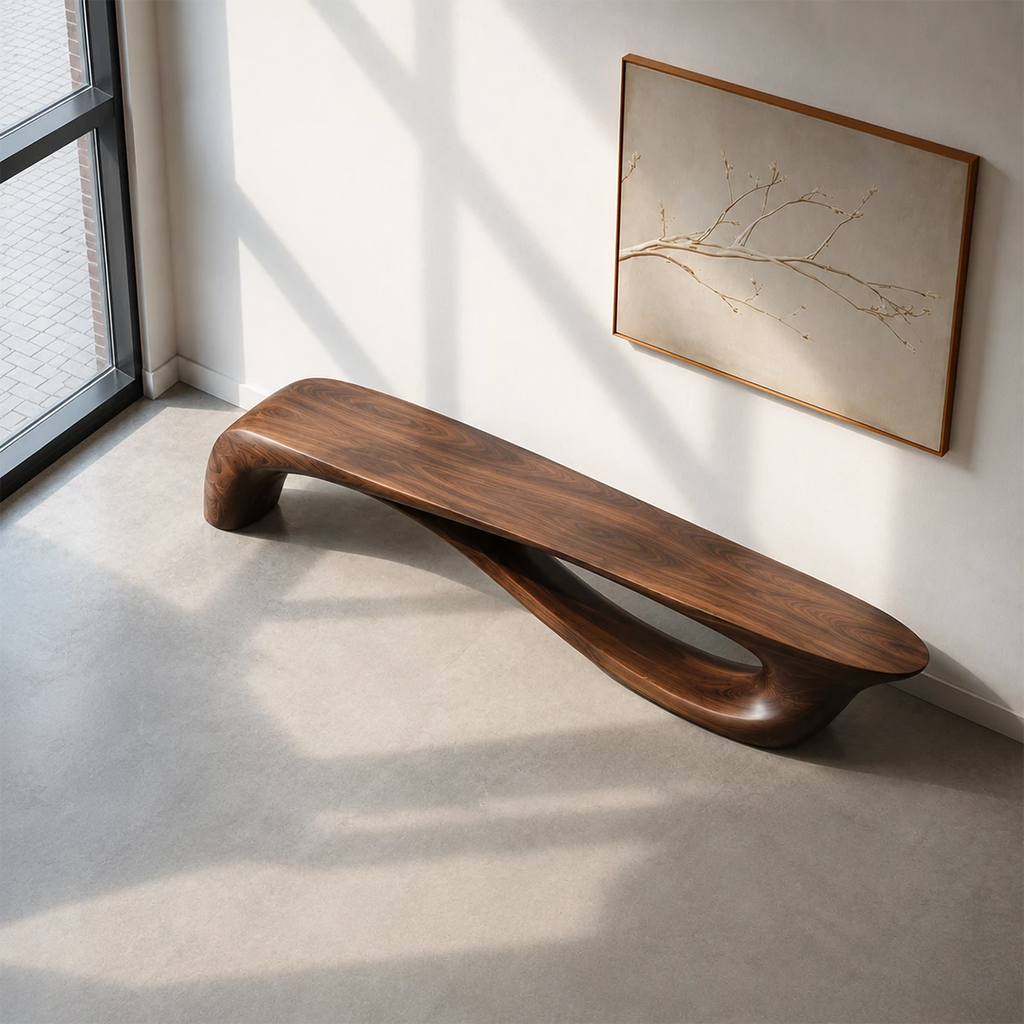 Sculptural Curved Wood Bench – Organic Natural Wood Bench for Modern Interior