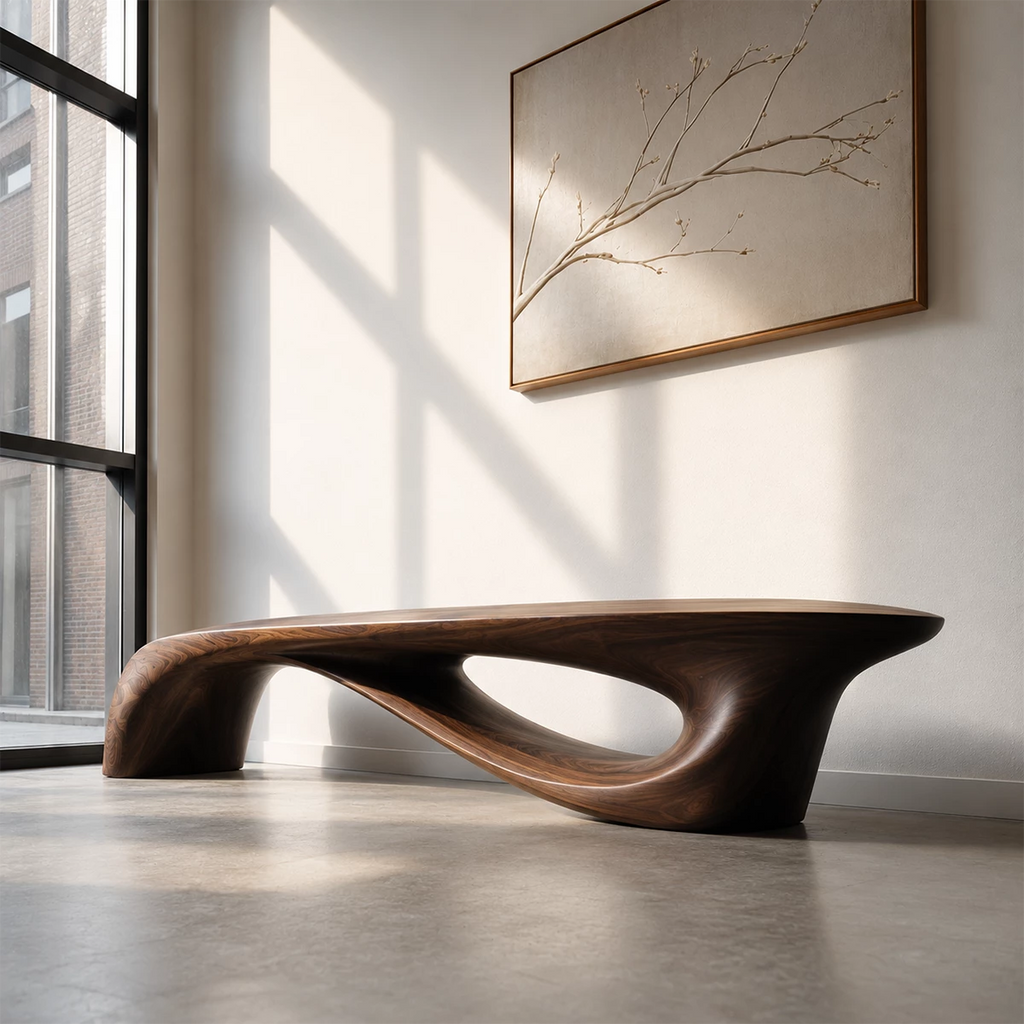 Sculptural Curved Wood Bench – Organic Natural Wood Bench for Modern Interior