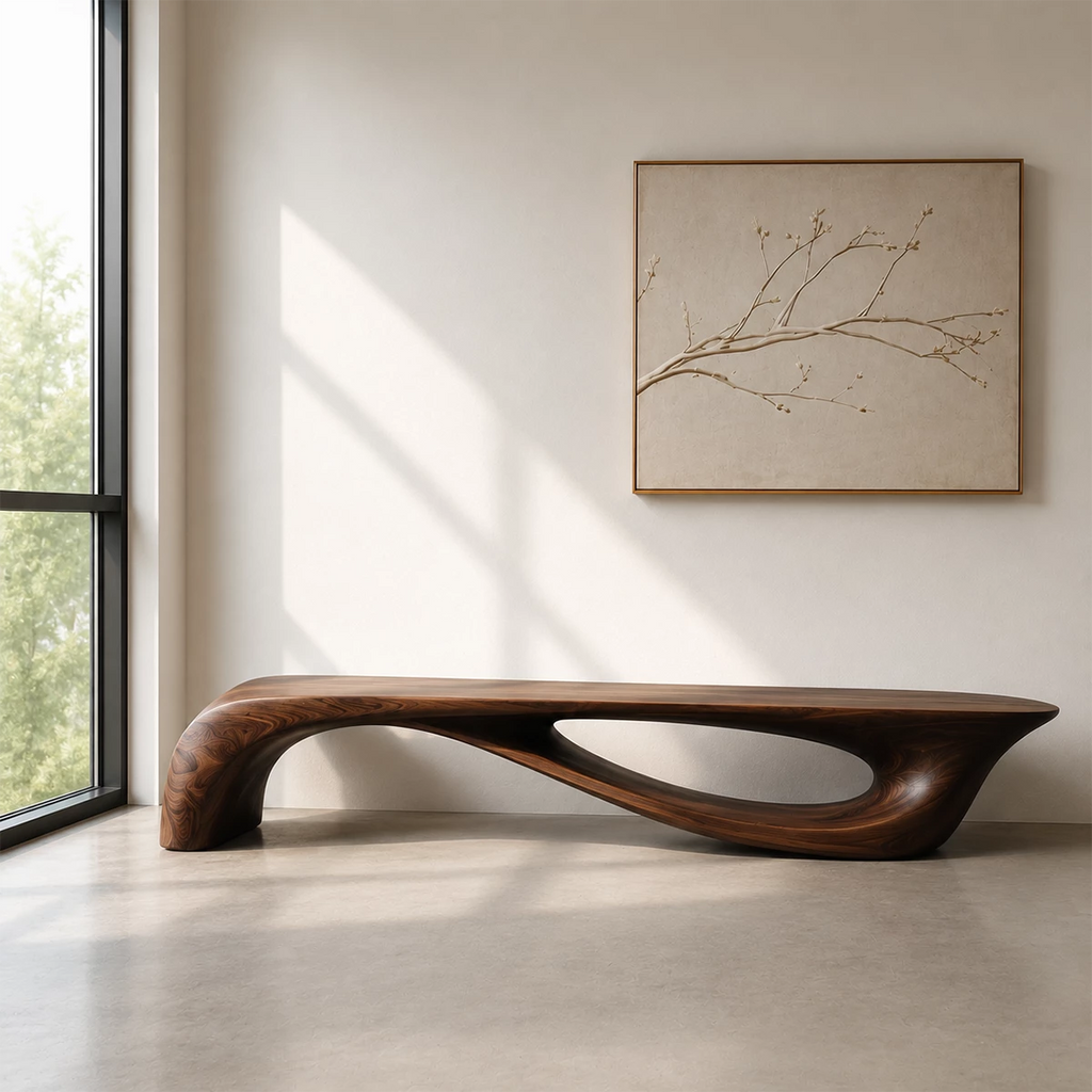 Sculptural Curved Wood Bench – Organic Natural Wood Bench for Modern Interior
