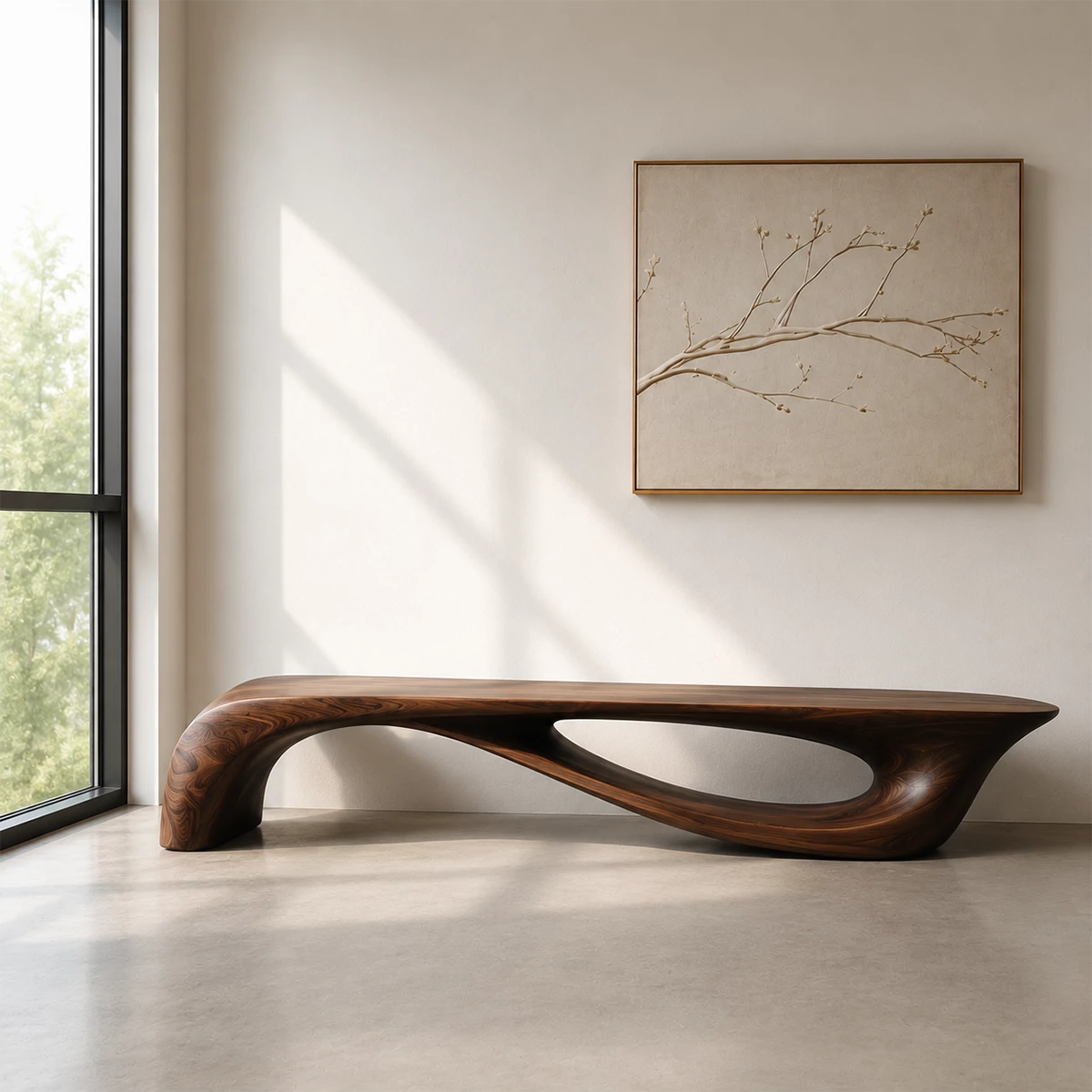 Sculptural Curved Wood Bench – Organic Natural Wood Bench for Modern Interior