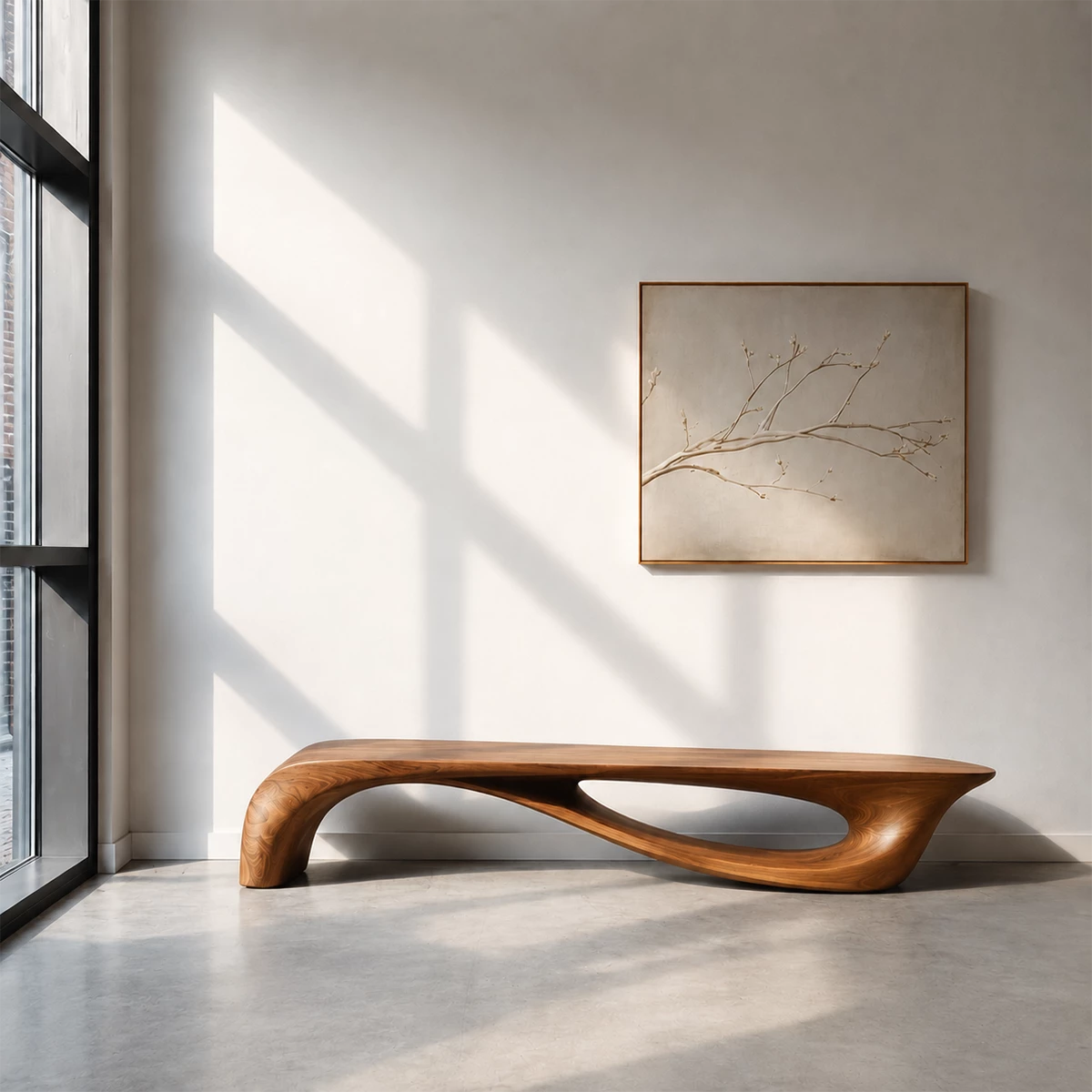 Sculptural Curved Wood Bench – Organic Natural Wood Bench for Modern Interior