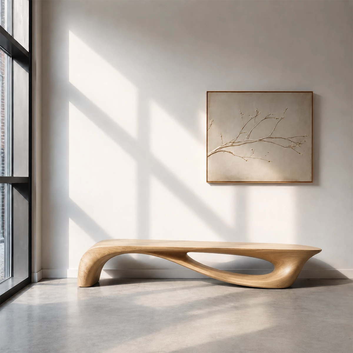 Sculptural Curved Wood Bench – Organic Natural Wood Bench for Modern Interior