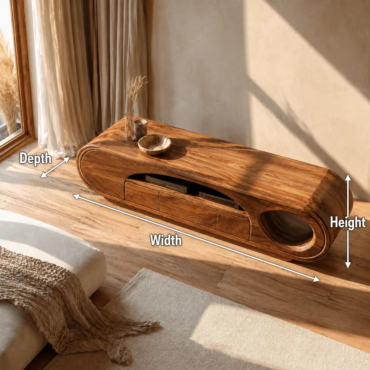 Artisan Natural Solid Wood TV Stand with Curved Open Media Storage