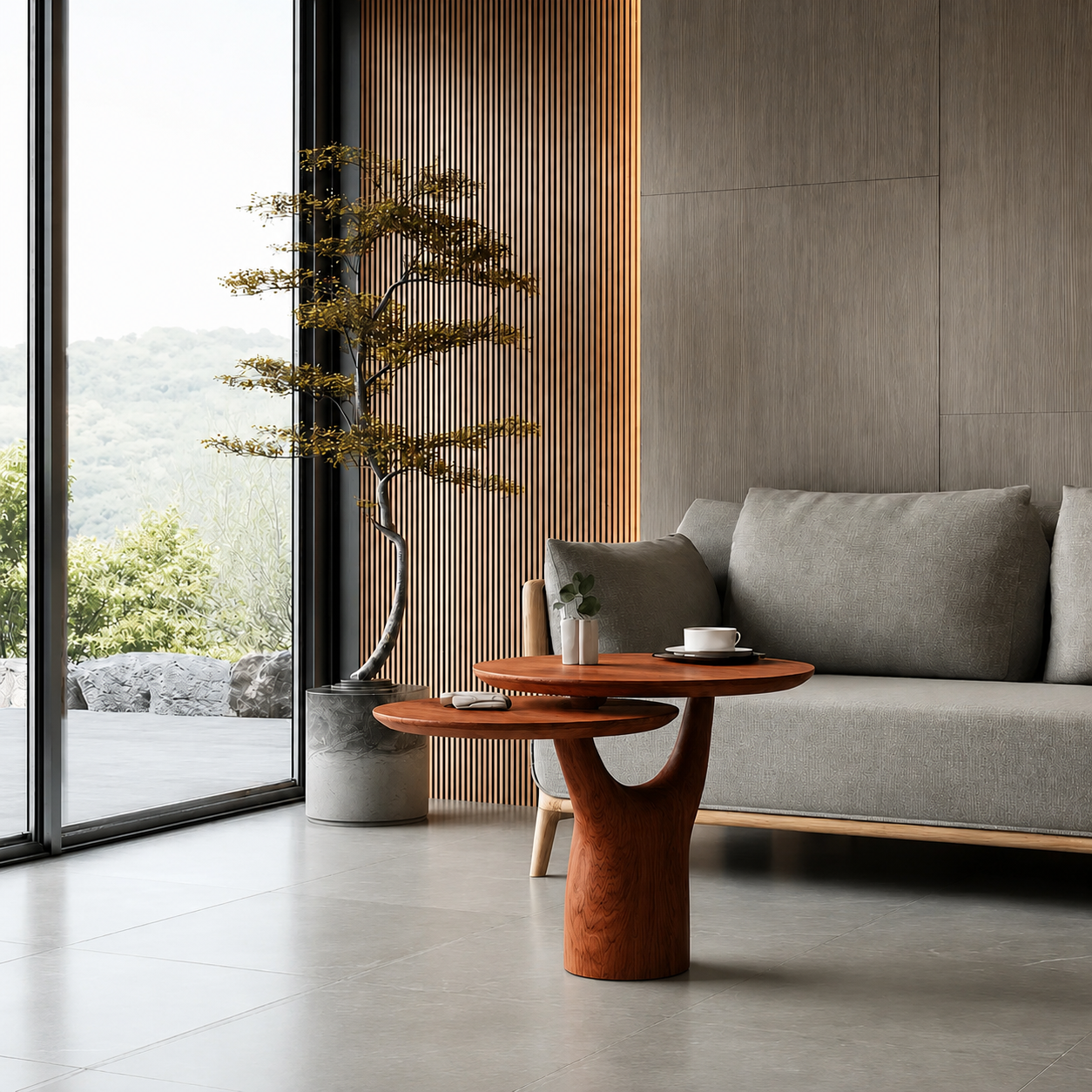 Tiered Natural Solid Wood Coffee Table with Sculptural Pedestal Base