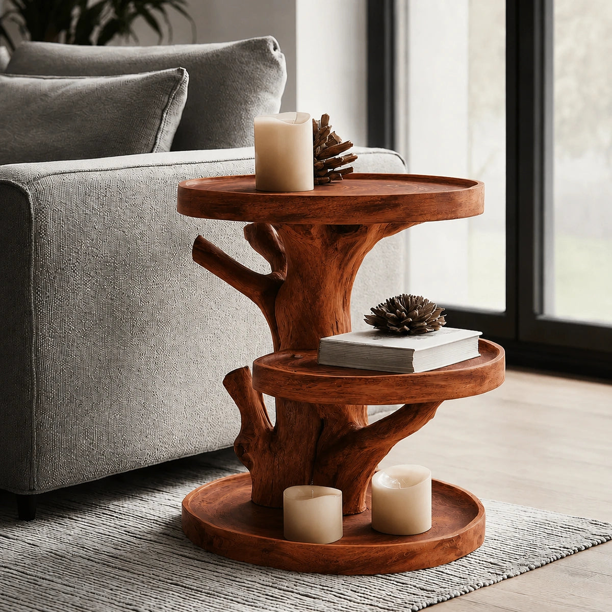 Tiered Natural Solid Wood Side Table with Tree Branch Base