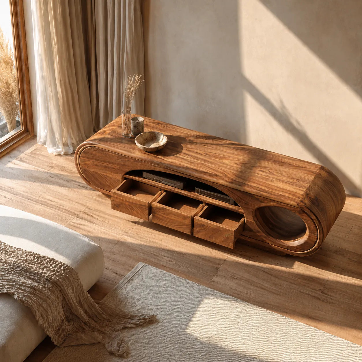 Artisan Natural Solid Wood TV Stand with Curved Open Media Storage