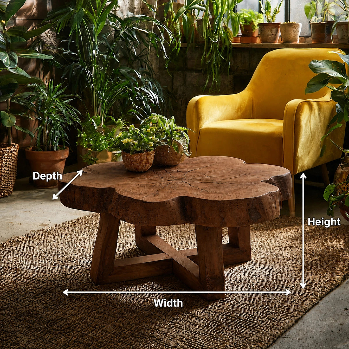 Natural Solid Wood Coffee Table with Organic Live Edge Top and Cross Base