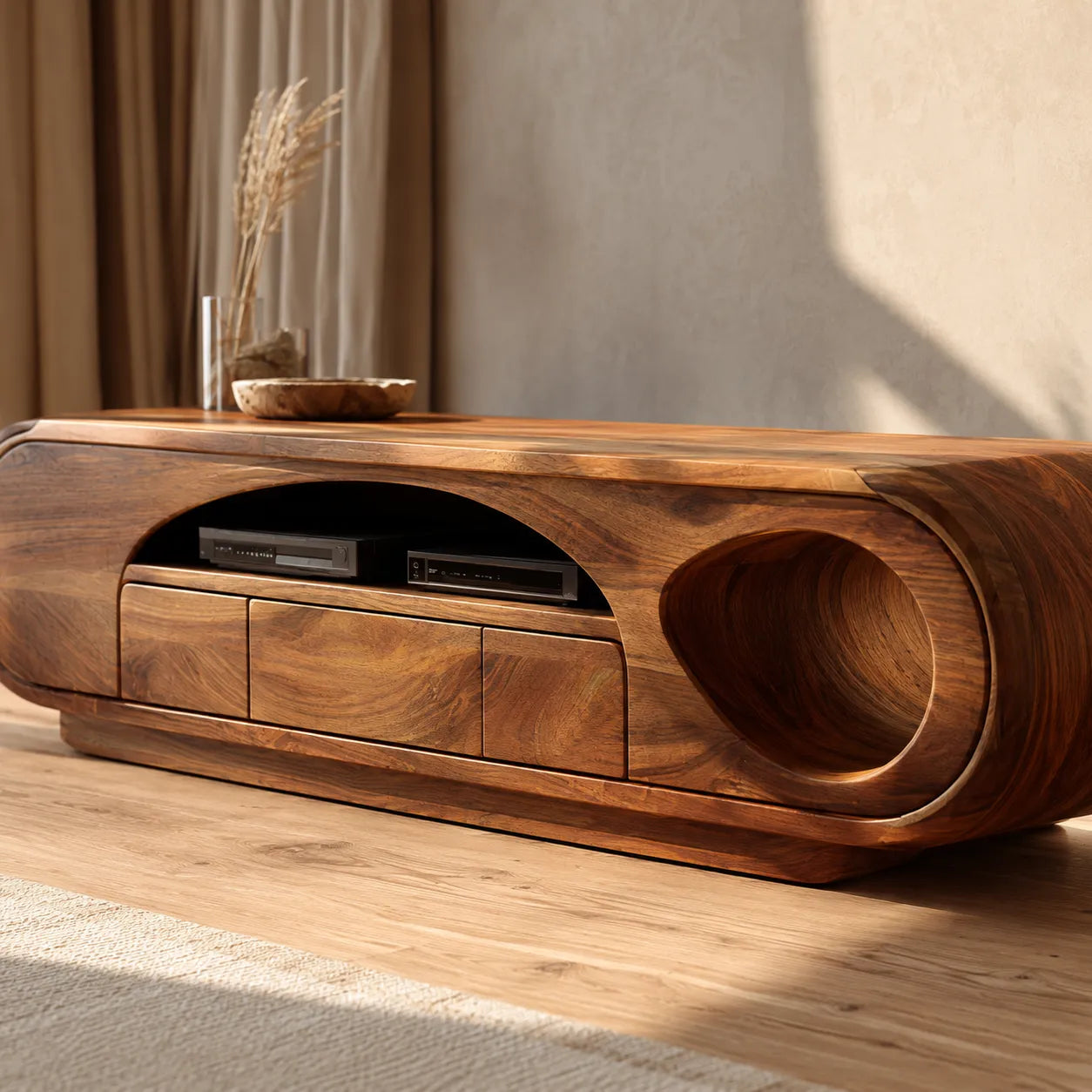 Artisan Natural Solid Wood TV Stand with Curved Open Media Storage