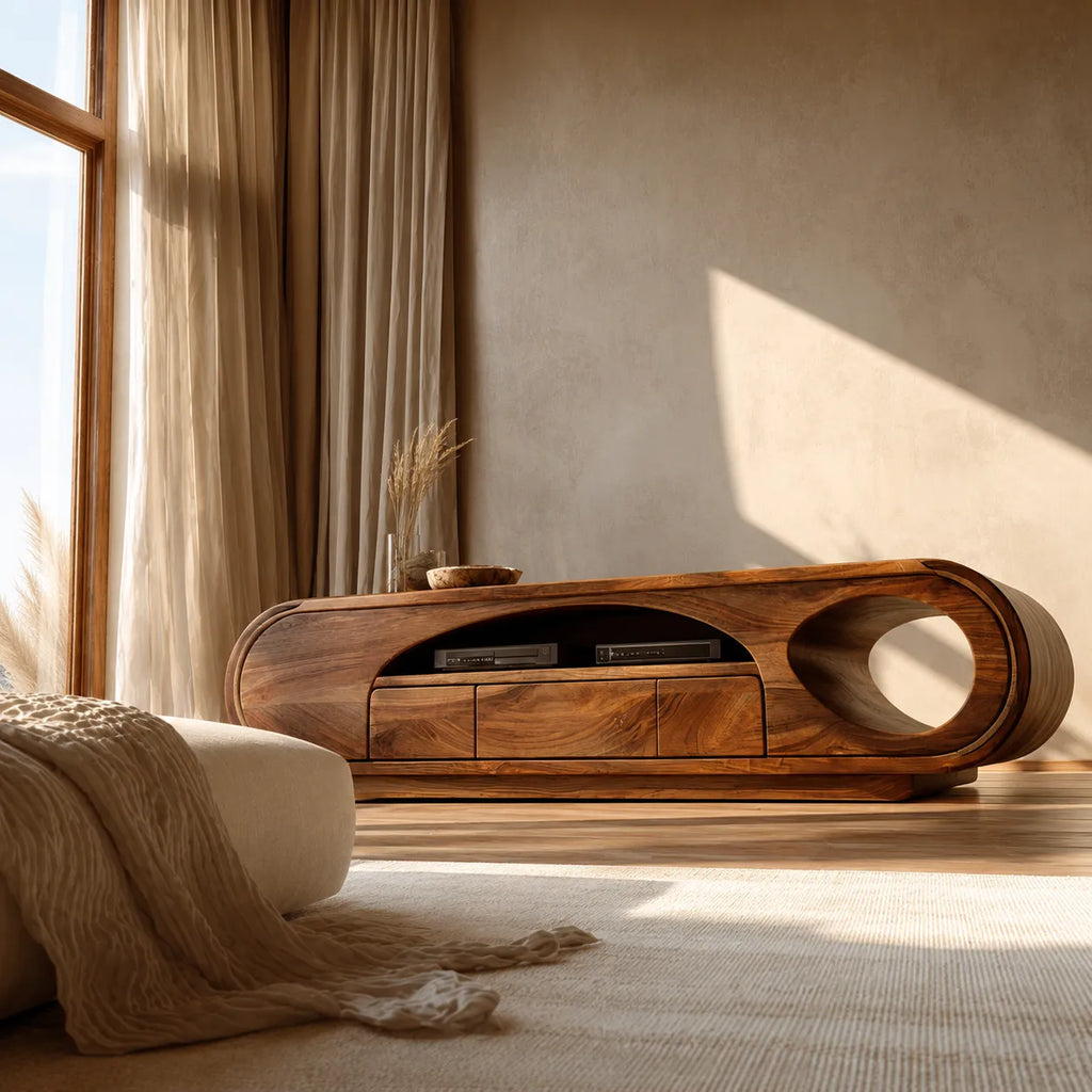 Artisan Natural Solid Wood TV Stand with Curved Open Media Storage