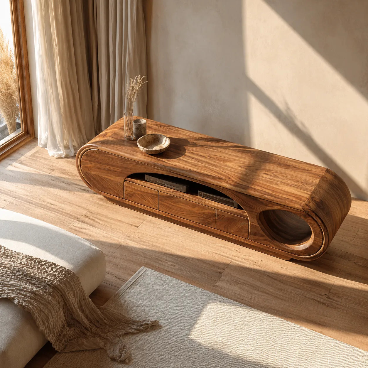 Artisan Natural Solid Wood TV Stand with Curved Open Media Storage