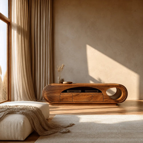 Artisan Natural Solid Wood TV Stand with Curved Open Media Storage