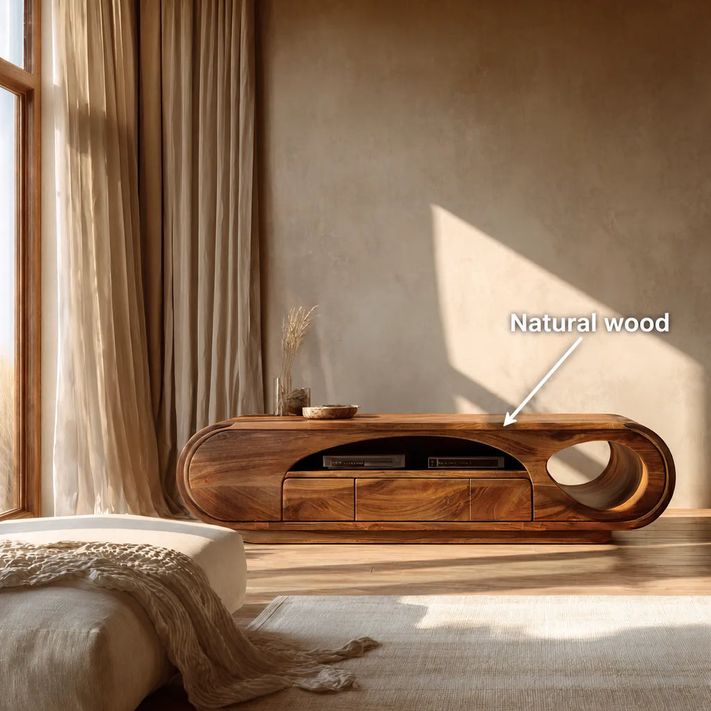 Artisan Natural Solid Wood TV Stand with Curved Open Media Storage
