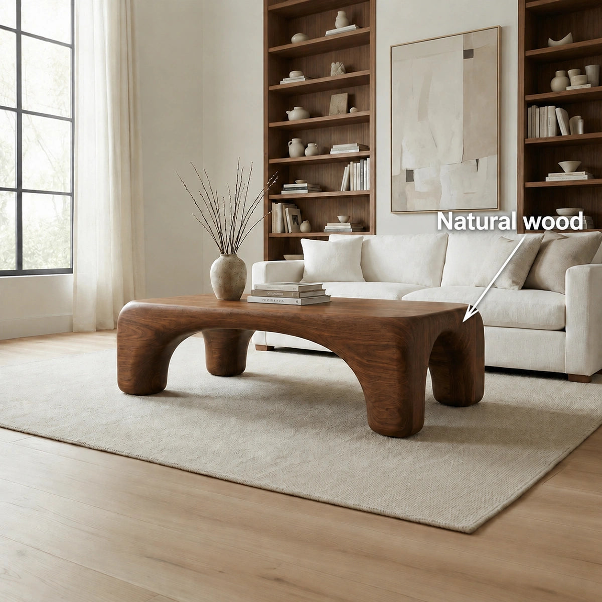 Natural Solid Wood Coffee Table with Rounded Top and Sculptural Arch Legs