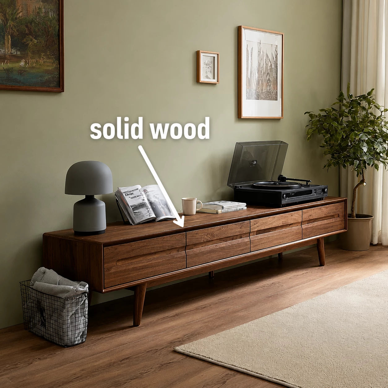 Low Profile Natural Solid Wood TV Stand with Tapered Legs and Drawers
