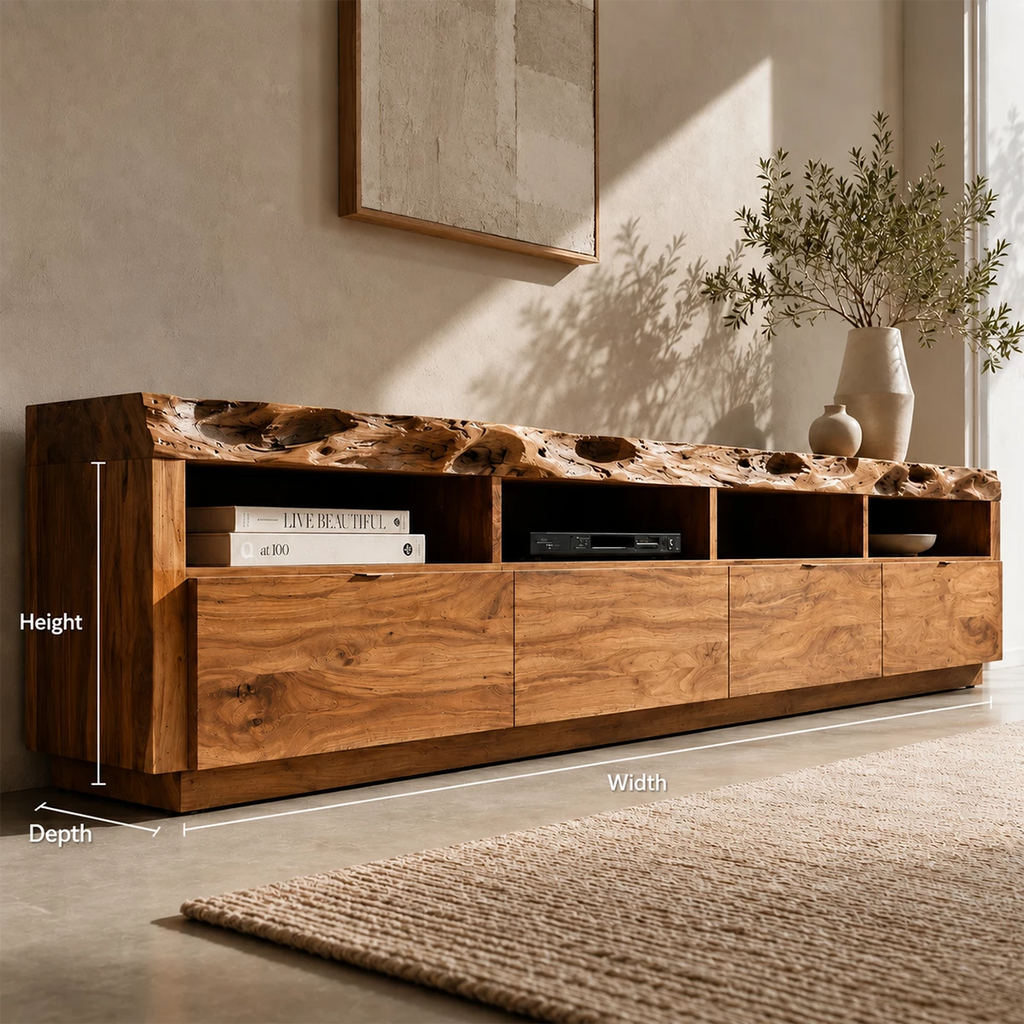 Natural Solid Wood TV Stand with Four Drawers and Open Media Shelves