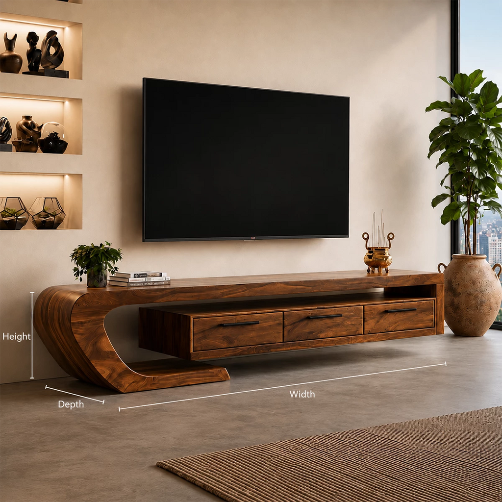 Natural Solid Wood TV Stand with Three Drawers and Sculptural Curved Base