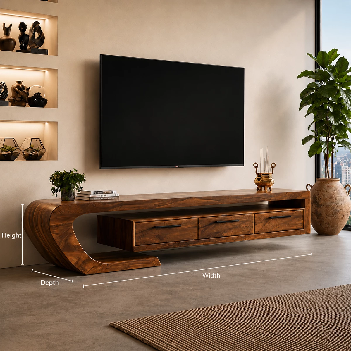 Natural Solid Wood TV Stand with Three Drawers and Sculptural Curved Base