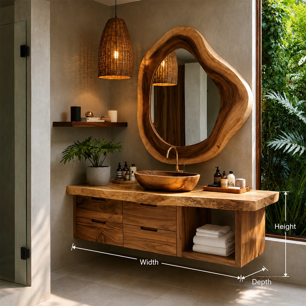 Organic Floating Bathroom Vanity With Sculptural Wood Mirror & Open Storage