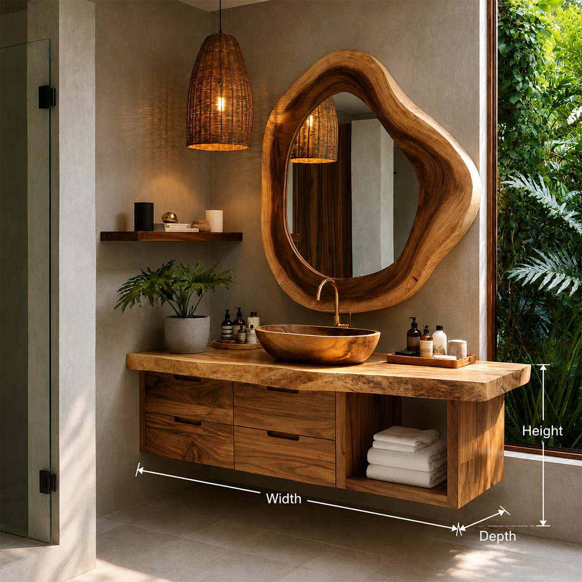 Organic Floating Bathroom Vanity With Sculptural Wood Mirror & Open Storage