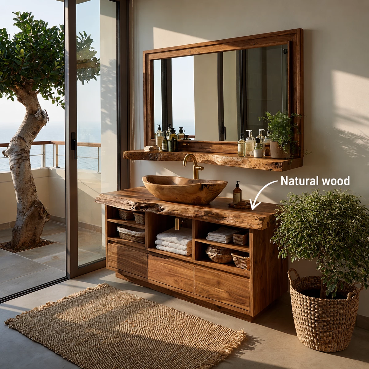 Natural Solid Wood Bathroom Vanity with Three Drawers and Open Shelving
