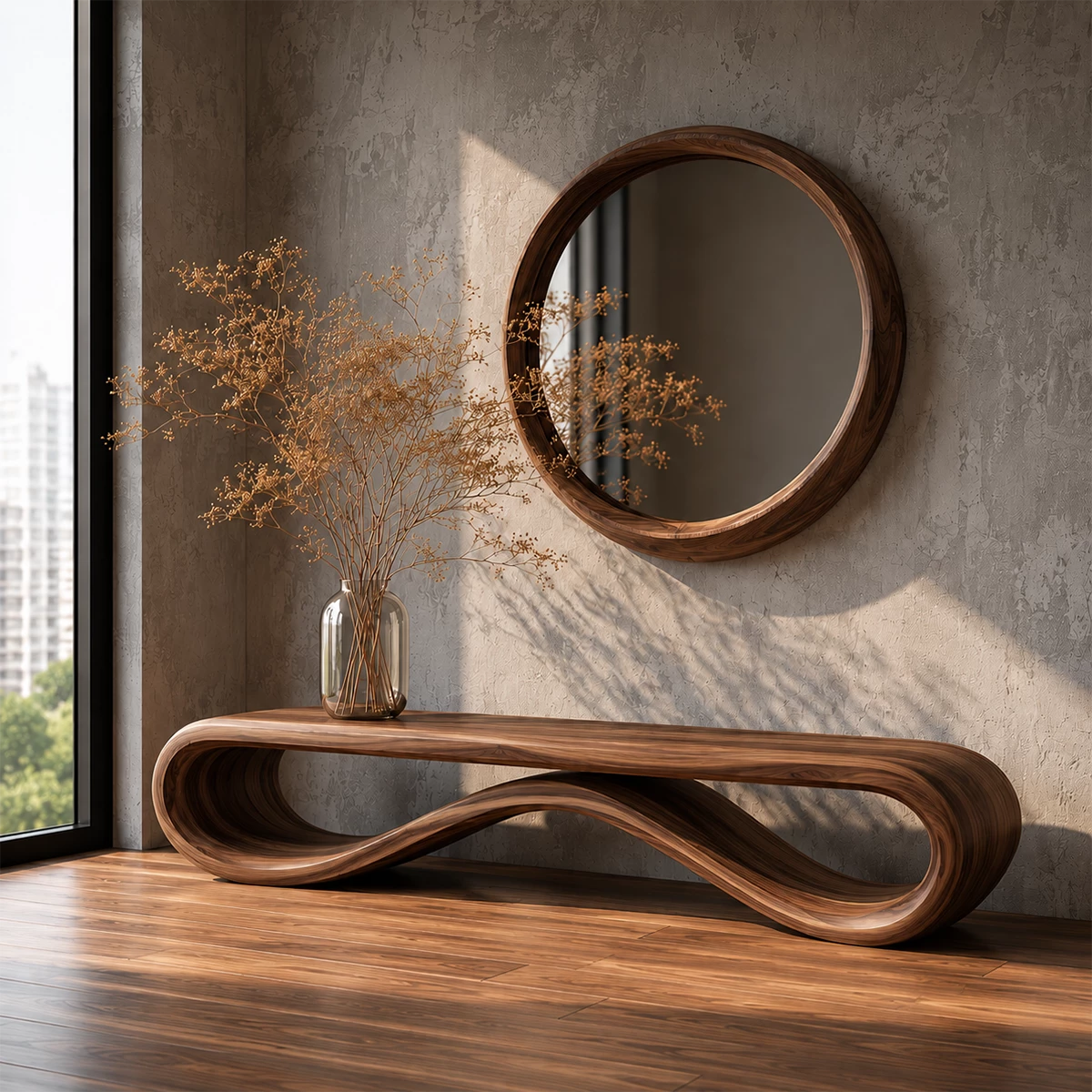 Sculptural Wave Wood Bench – Organic Natural Wood Entryway Bench for Modern Interior