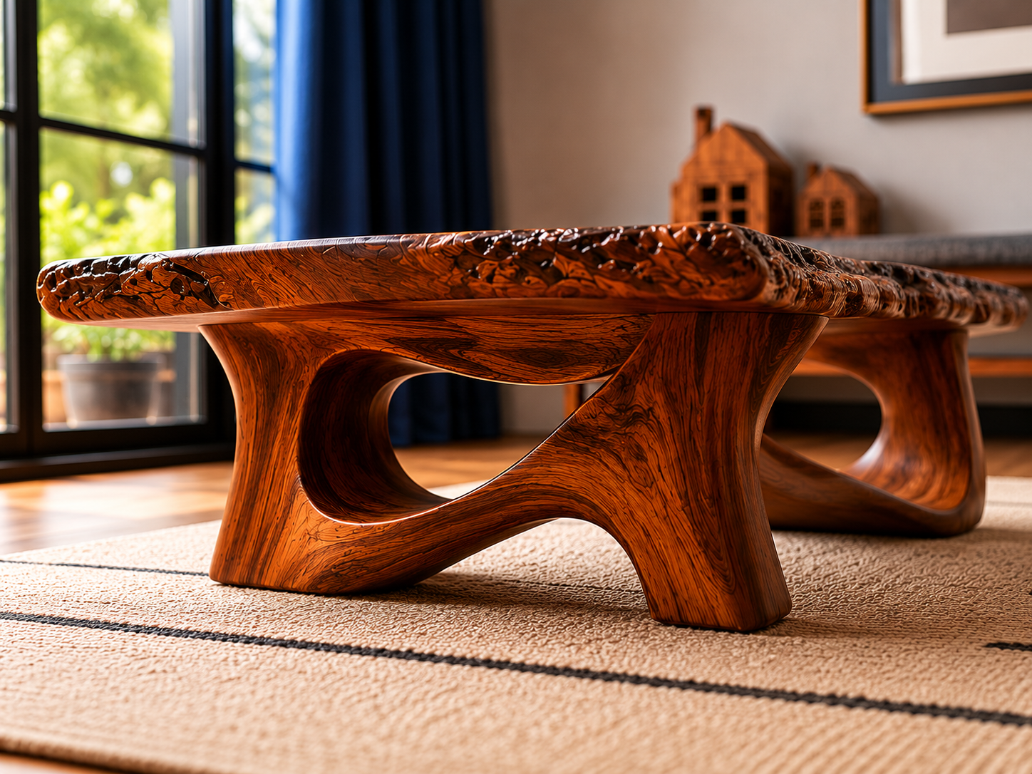 Live Edge Natural Solid Wood Coffee Table with Sculptural Base
