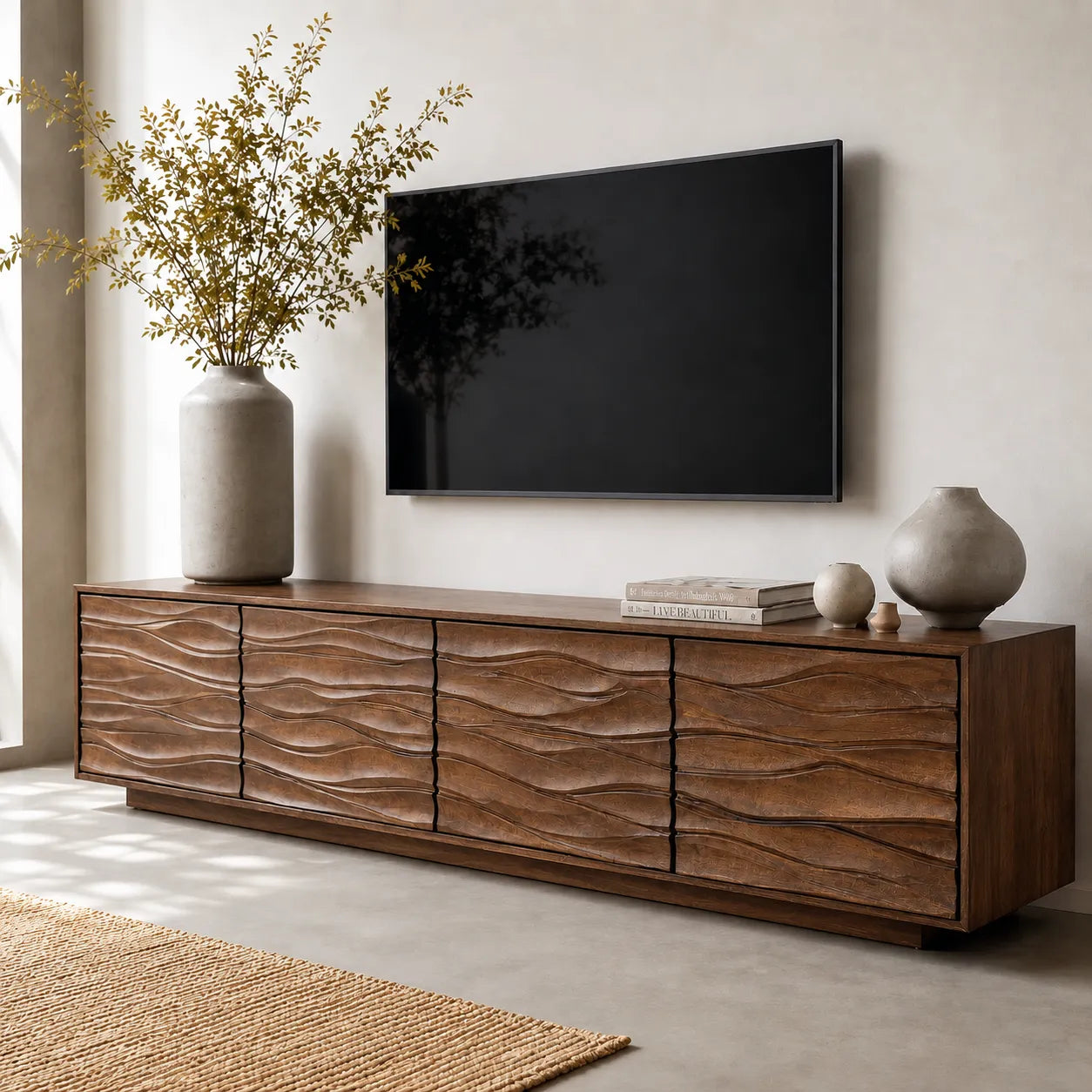 Wave Front Natural Solid Wood TV Stand with Sculpted Storage Design
