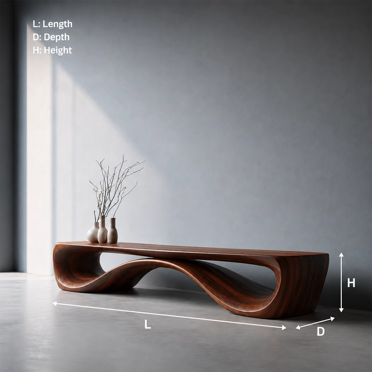 Sculptural Wave Wood Bench – Organic Natural Wood Bench for Modern Interior