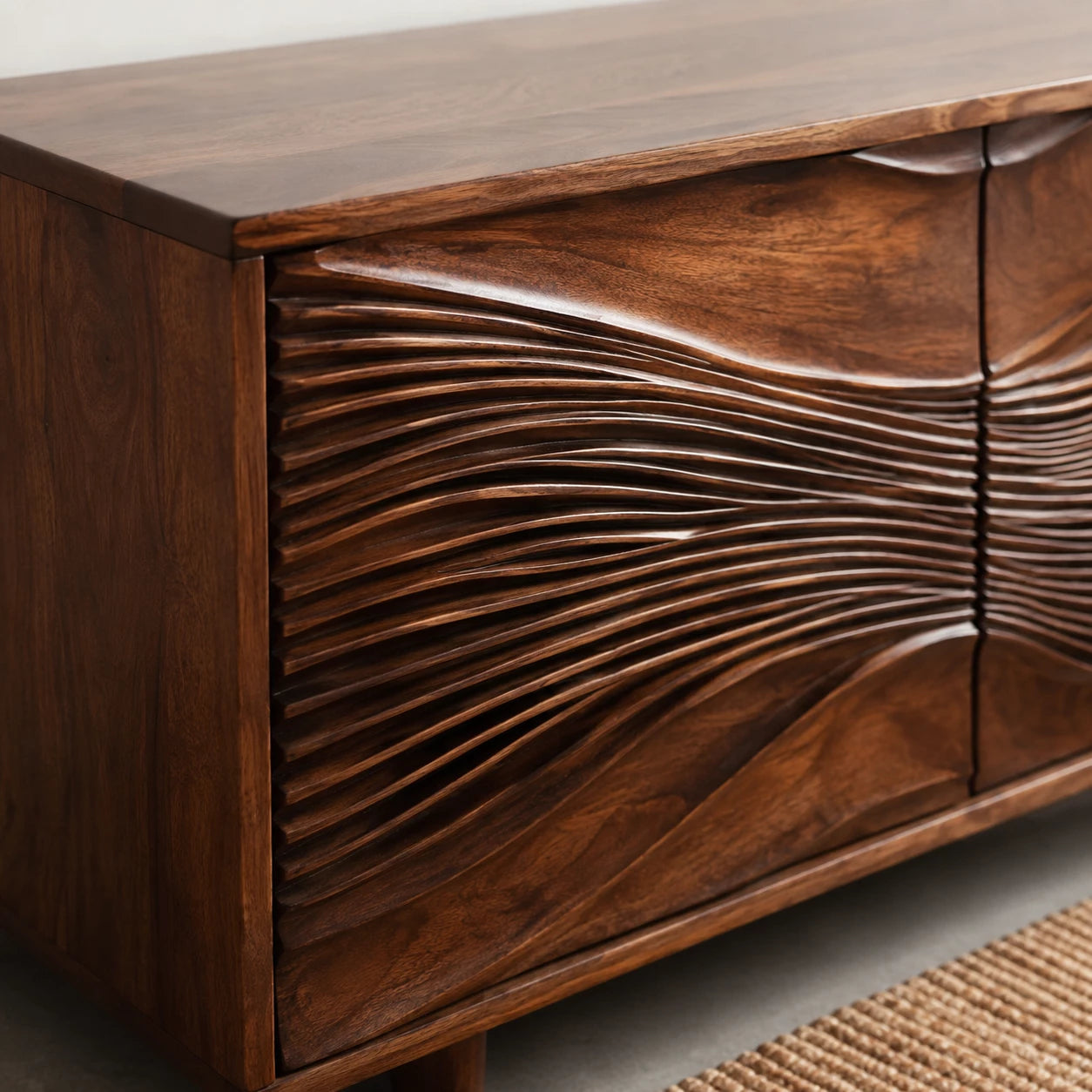 Carved Wave Natural Solid Wood TV Stand with Four Door Storage
