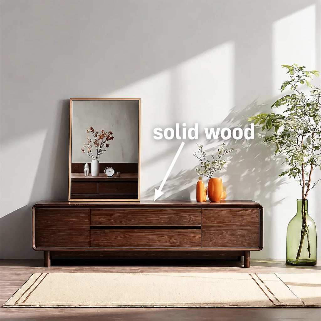 Rounded Natural Solid Wood TV Stand with Wide Drawer Storage Design