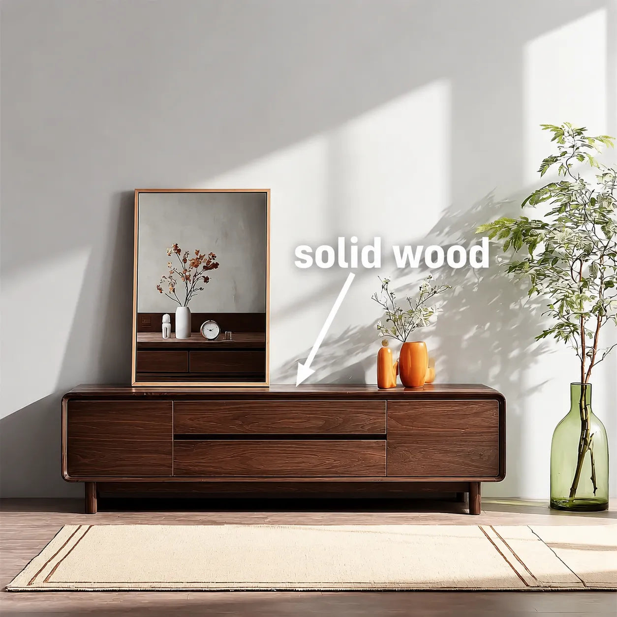 Rounded Natural Solid Wood TV Stand with Wide Drawer Storage Design