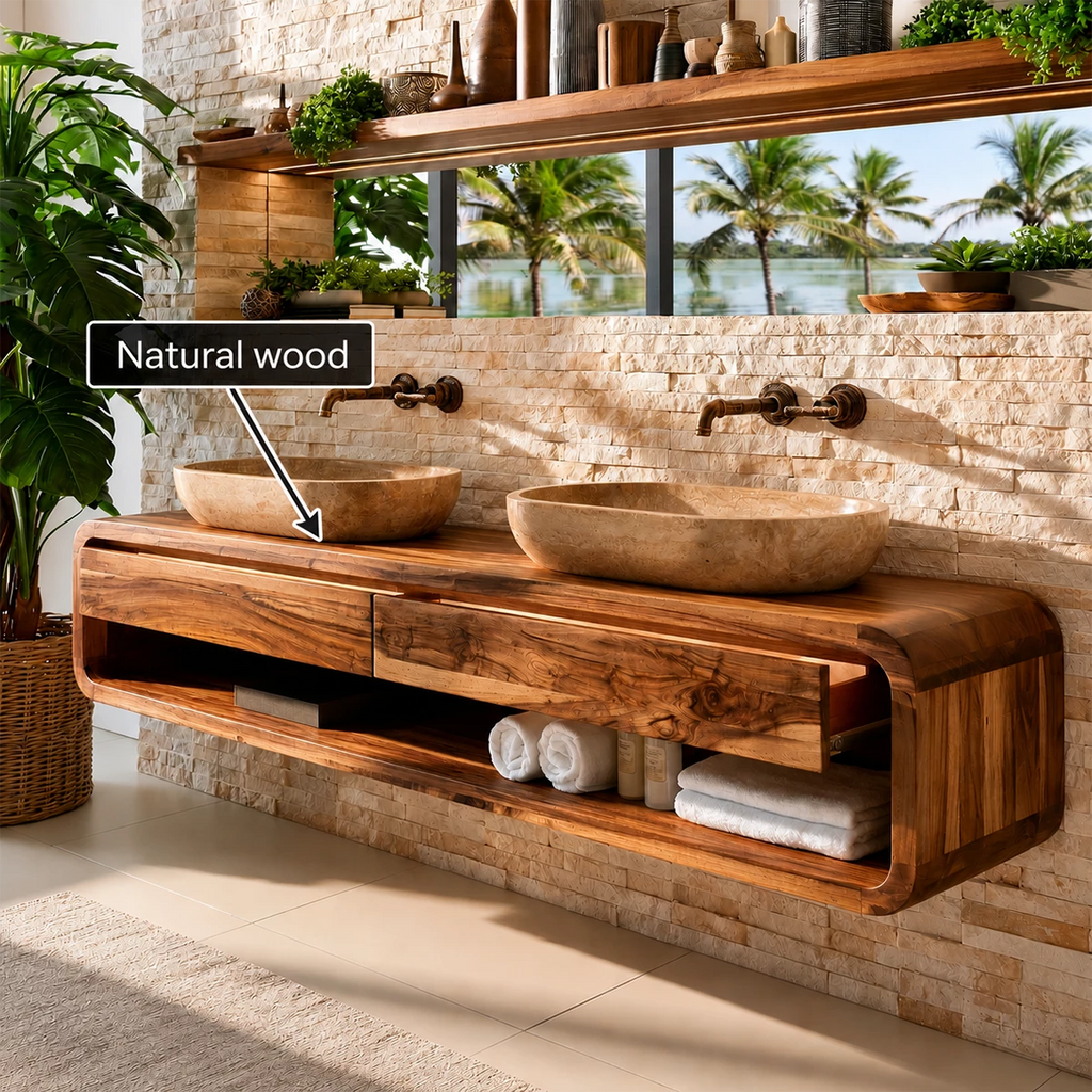 Double Sink Floating Bathroom Vanity With Rounded Wood Frame & Open Storage