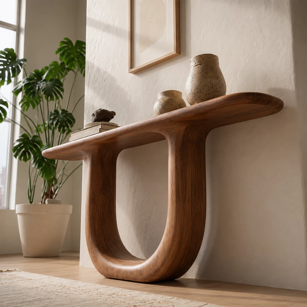 Sculptural U-Shaped Console Table in Natural Solid Wood