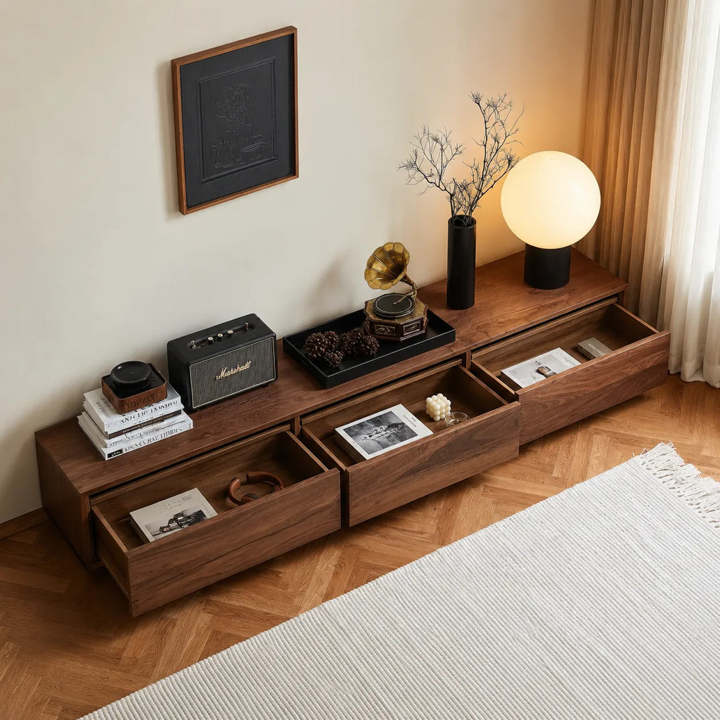 Contemporary Low Profile TV Stand with Seamless Storage Panels