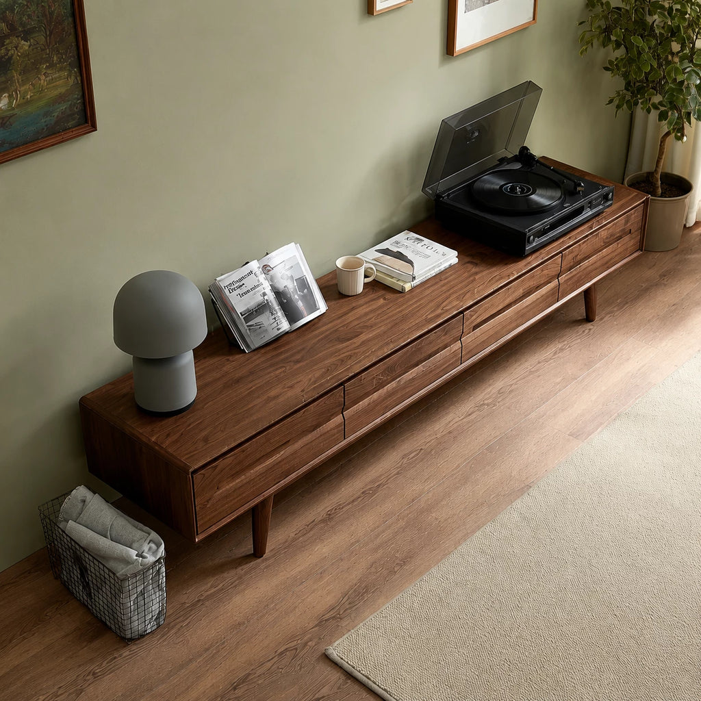 Low Profile Natural Solid Wood TV Stand with Tapered Legs and Drawers