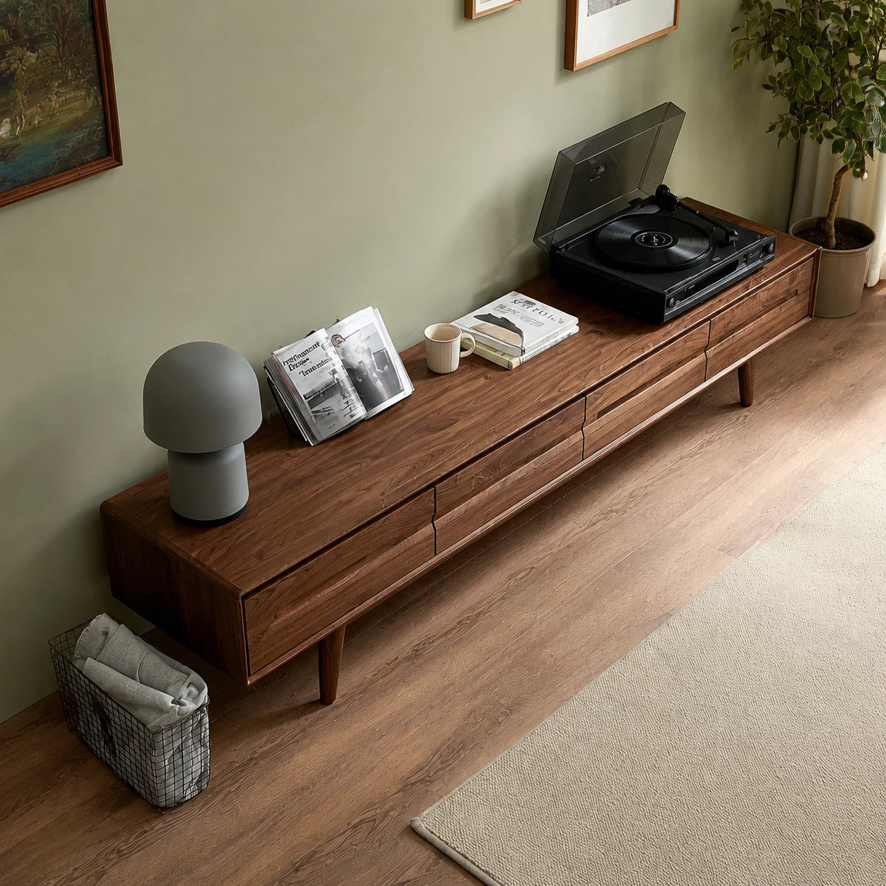 Low Profile Natural Solid Wood TV Stand with Tapered Legs and Drawers